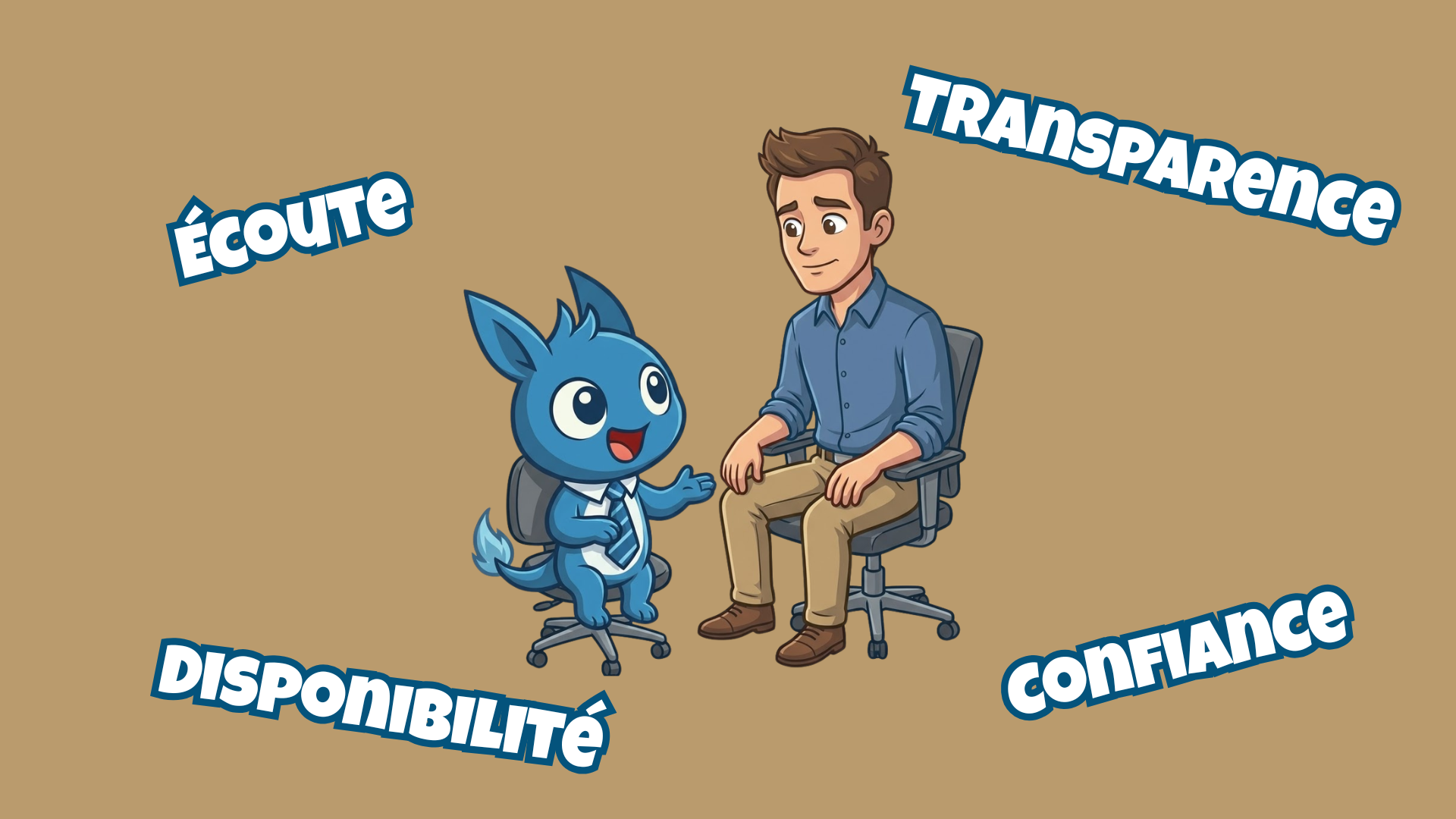 La mascotte Zing Agency en discussion avec un client, illustrant l'importance de la relation humaine dans le choix d'une agence web