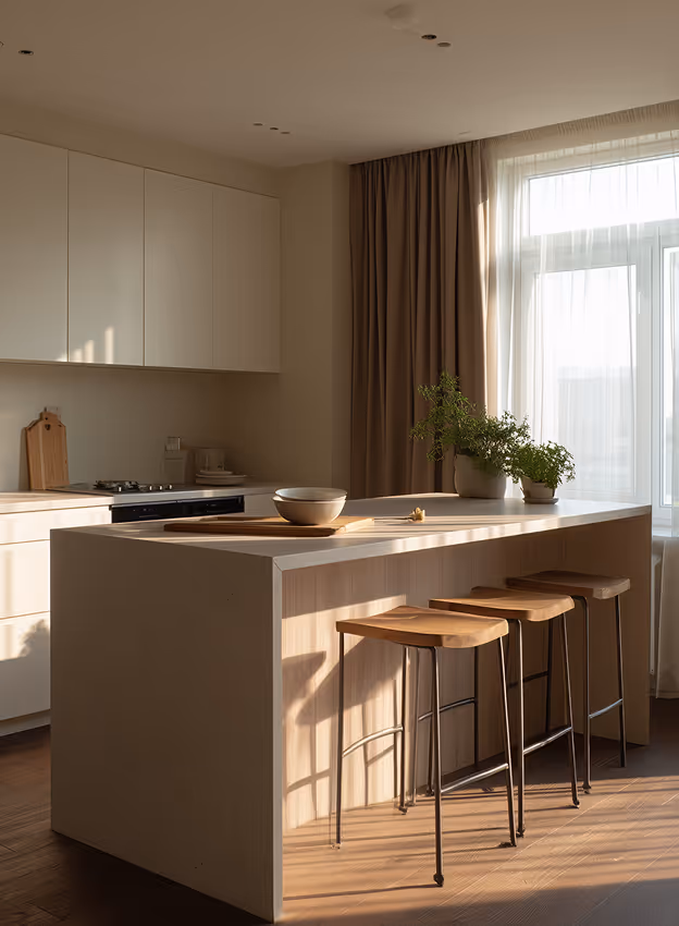 A modern kitchen designed in beige and cream tones with abundant natural light, emphasizing a warm, sophisticated atmosphere and high-quality architectural finishes.