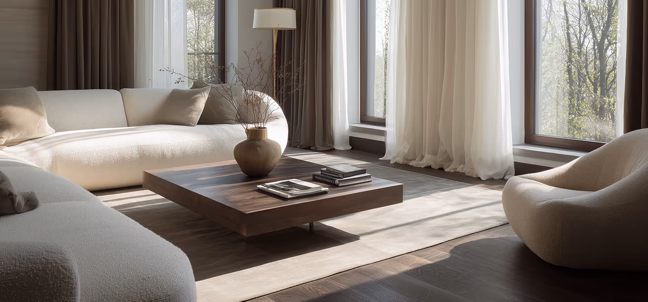 A modern living room featuring two large windows, minimalist design, and warm wooden floors and furniture, highlighting a seamless blend of comfort and architectural elegance.