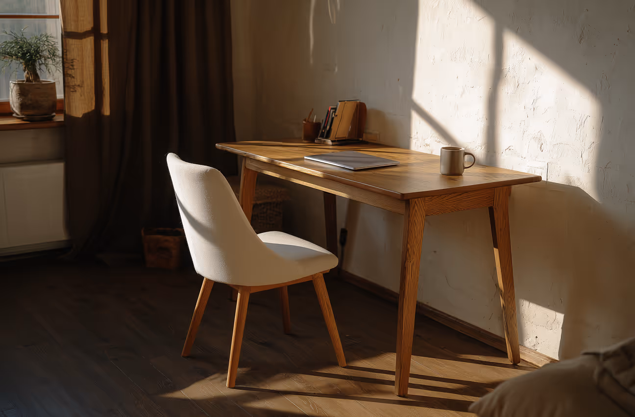 A wooden desk and chair illuminated by natural sunlight from the side, showcasing warm textures and thoughtful architectural lighting design.