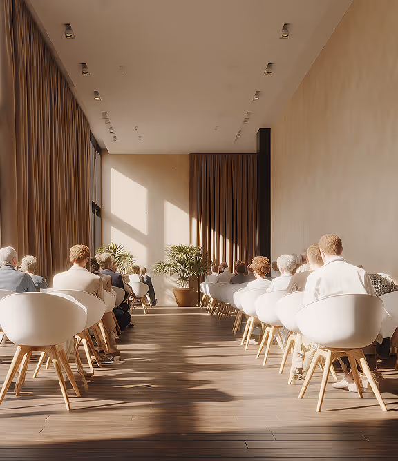 A spacious high-ceiling room with multiple chairs and tables in use, highlighting functional architectural design that encourages interaction and comfort.