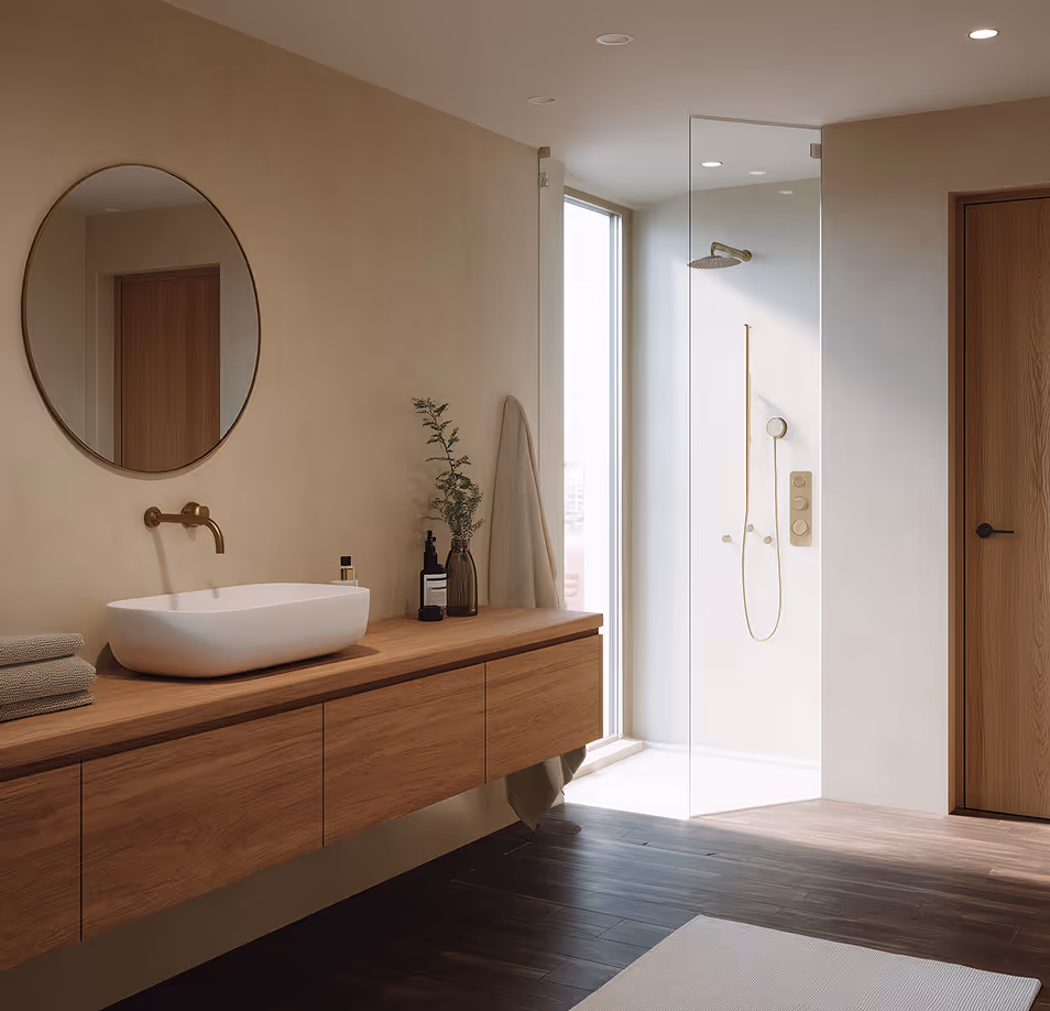 A contemporary bathroom designed in soft beige and cream tones, delivering a calm and elegant atmosphere through refined architectural finishes.