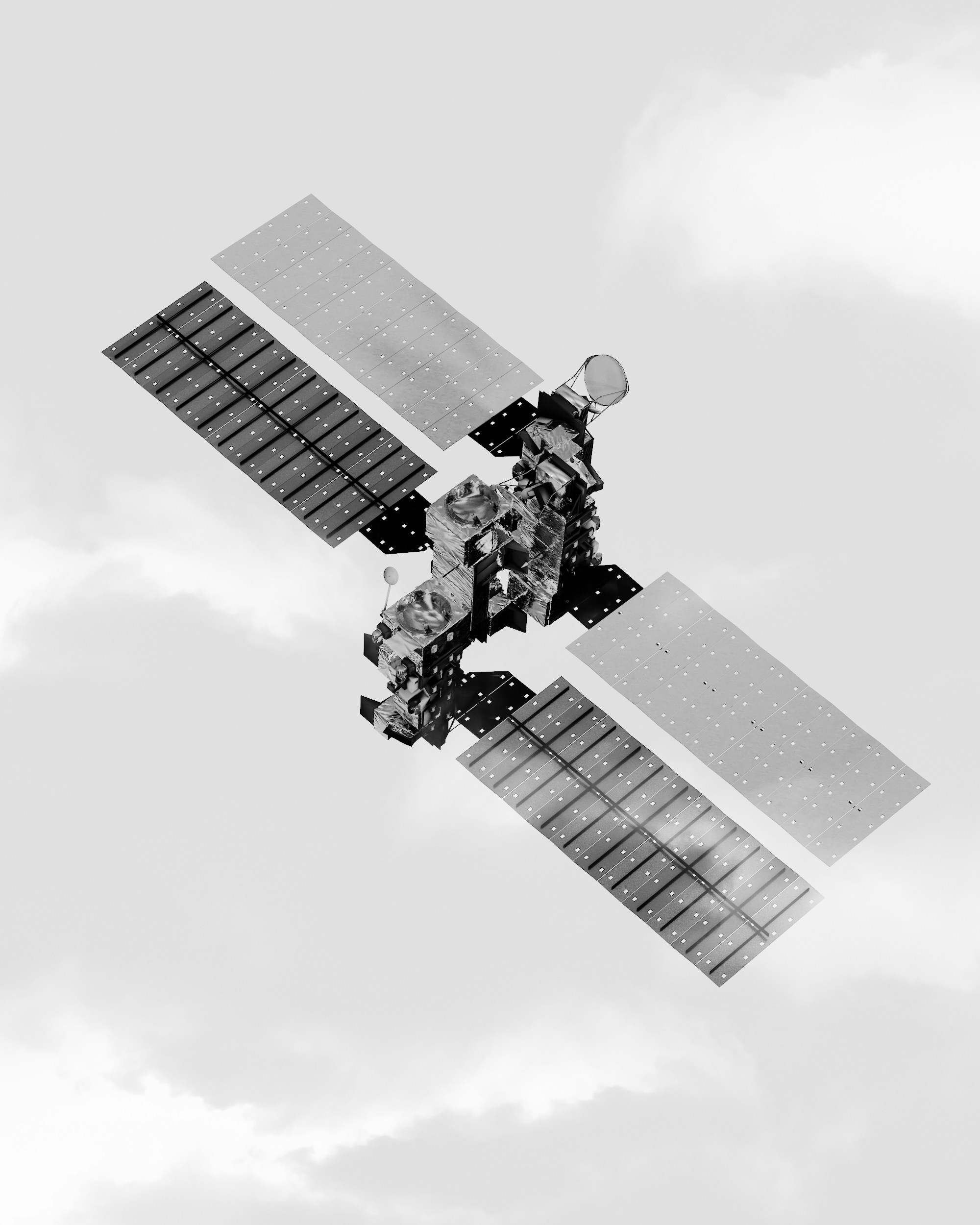 This black and white image features a satellite in orbit.
