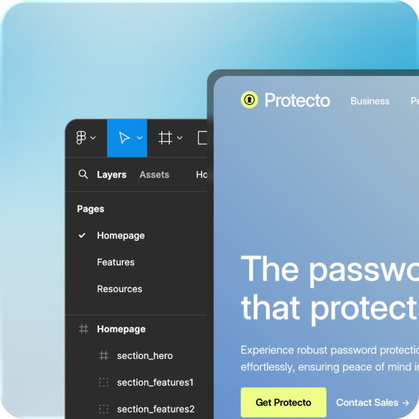 User interface showing a website design tool with layers panel and a password protection service webpage titled Protecto.