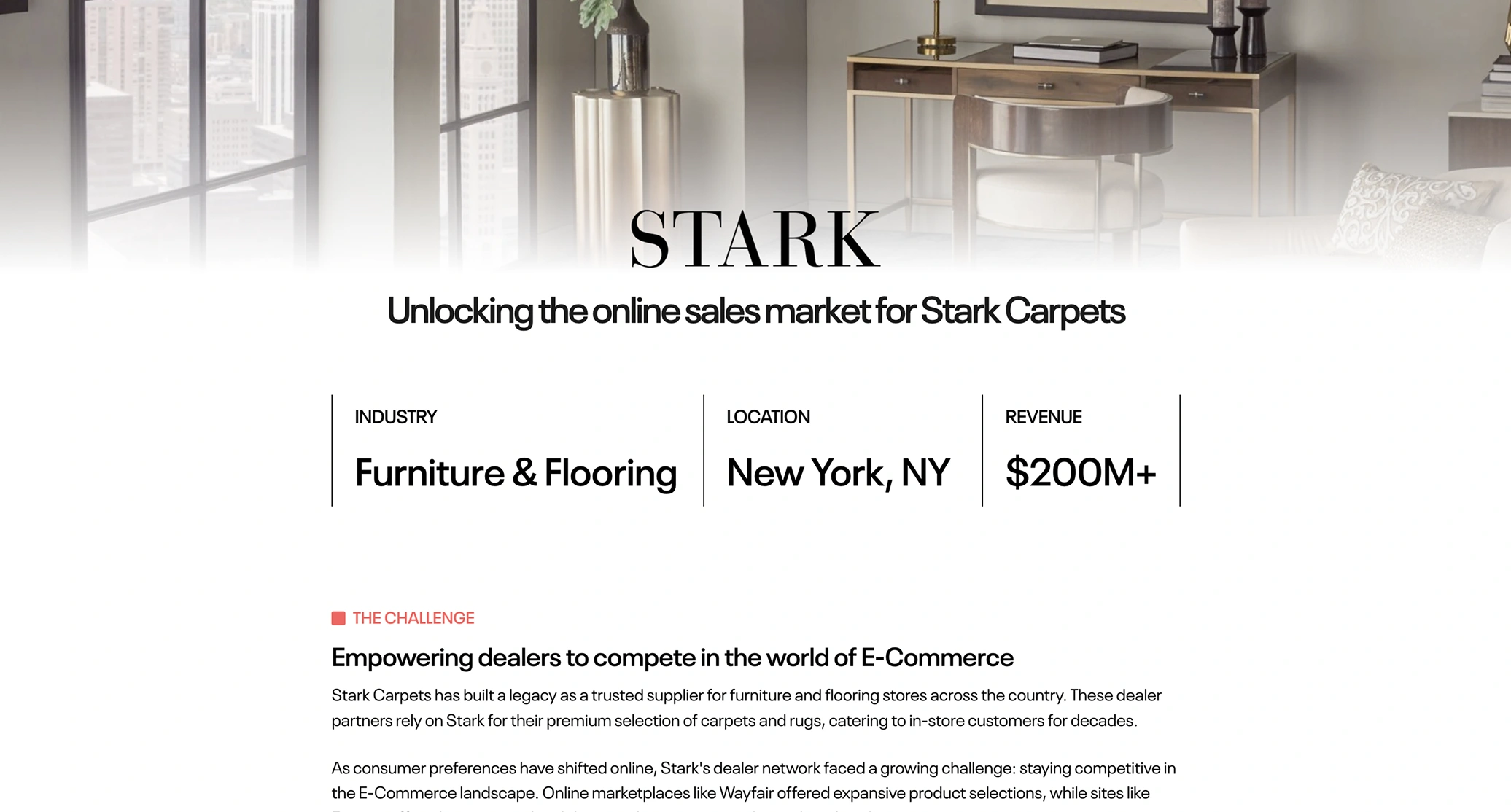 Stark Carpets case study header showing industry as Furniture & Flooring, location New York, NY, and revenue $200M+, with a background of a modern office interior.