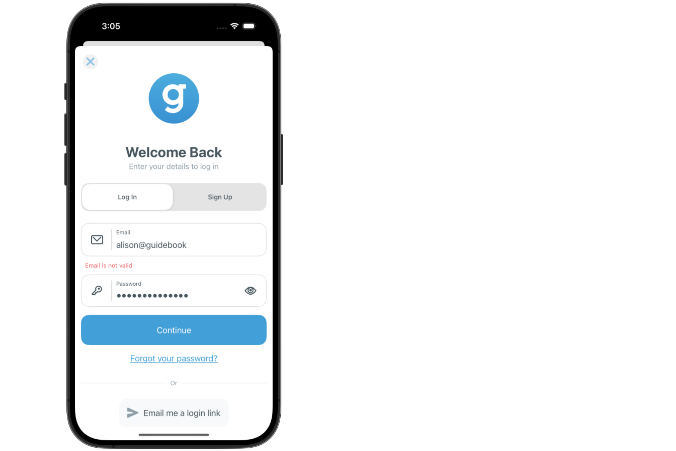 example of an error message in updated Guidebook app