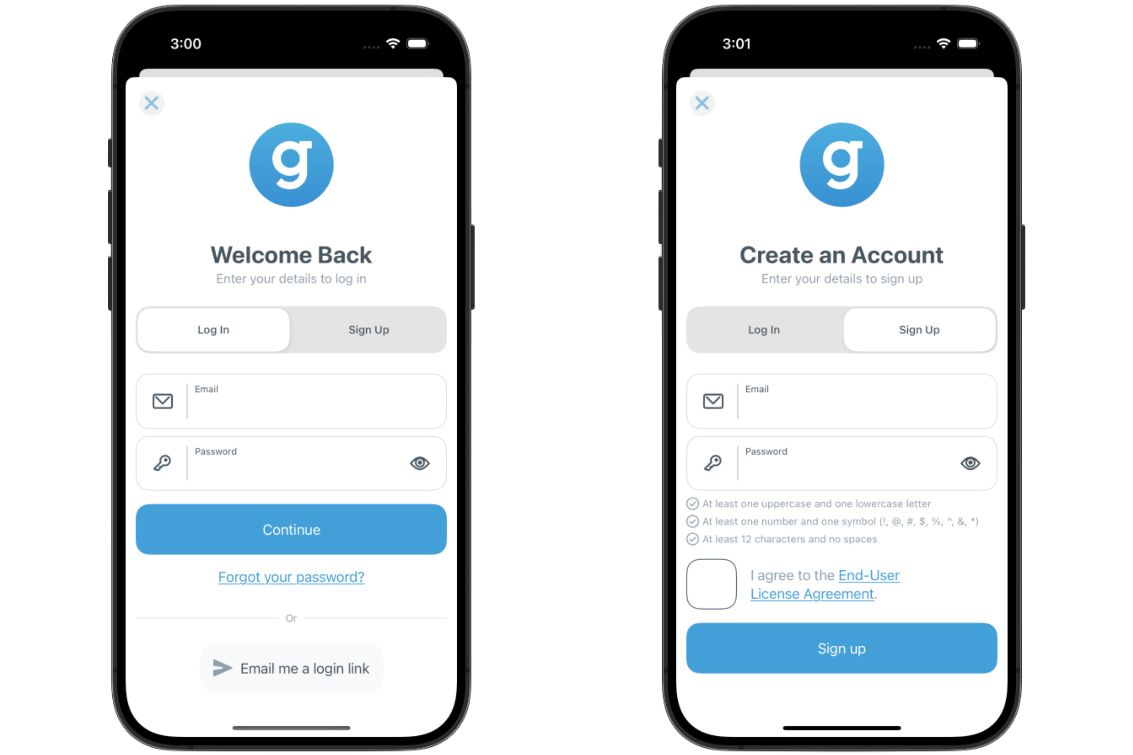updated login and sign up screens for Guidebook event app