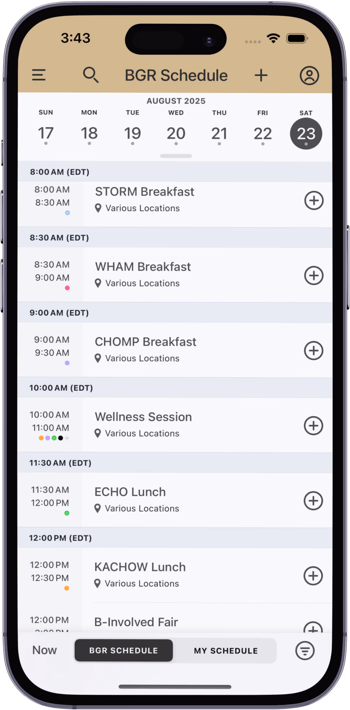 multi-track schedule for university orientation app