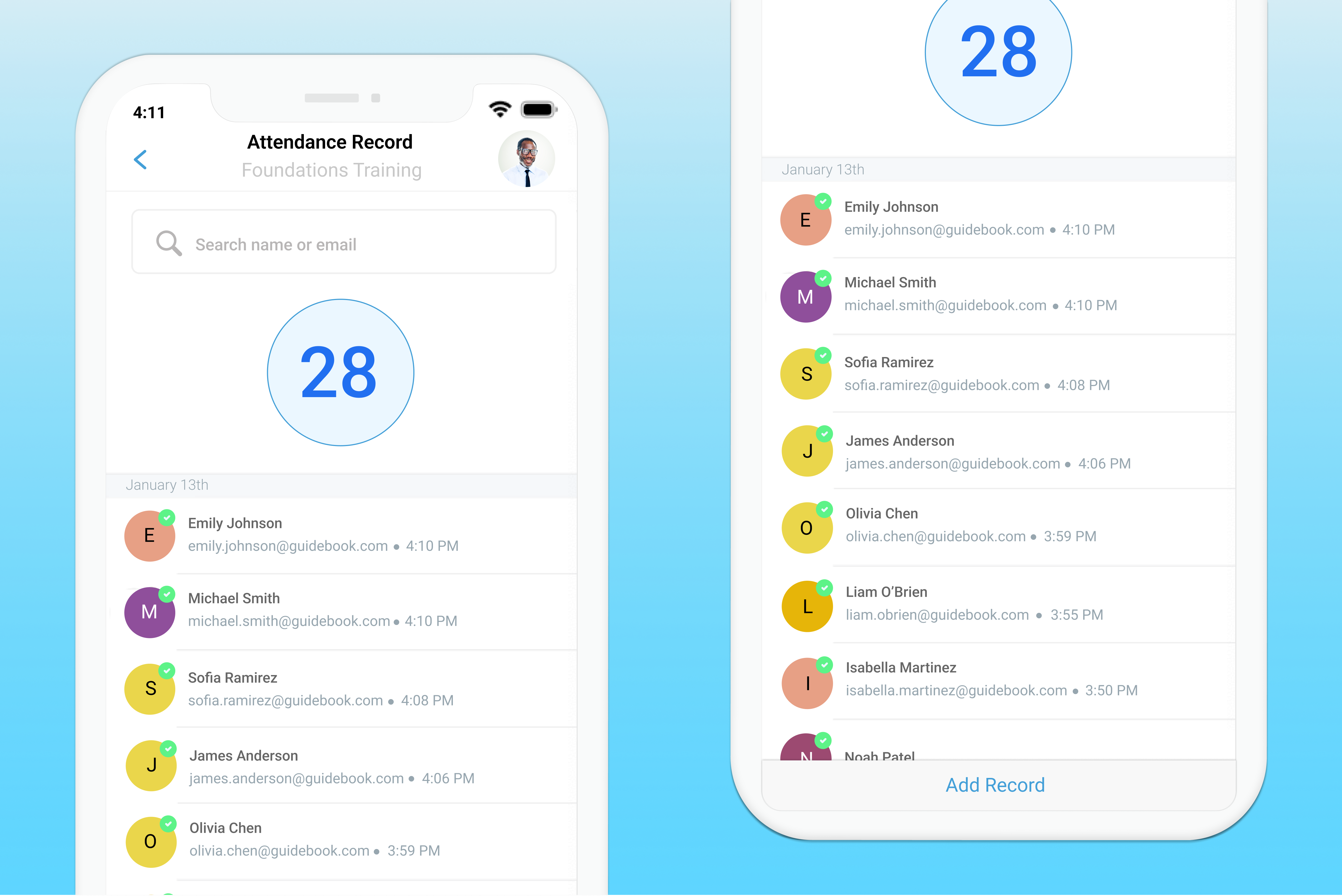 closeup of attendance tracking records in Guidebook app