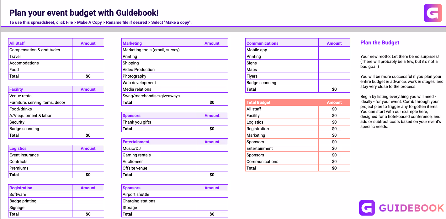 image of Guidebook's event budget template
