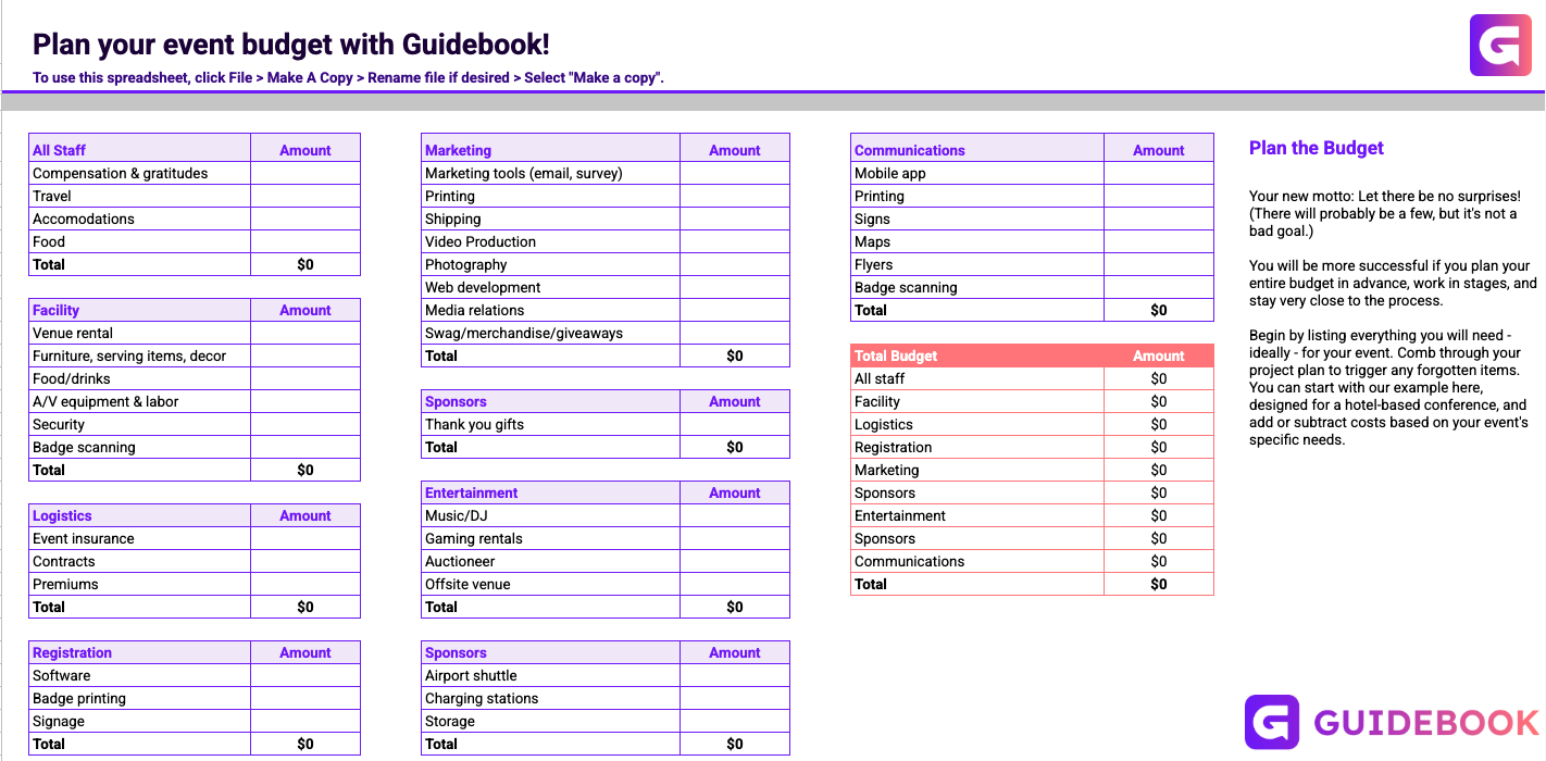 image of Guidebook's event budget template