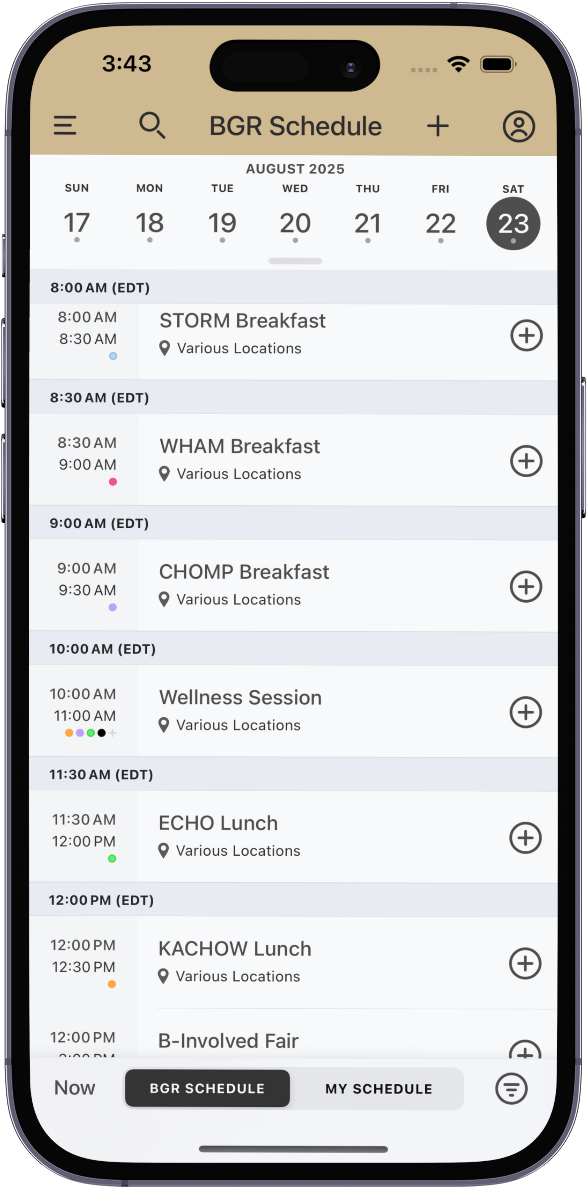 multi-track schedule for university orientation app