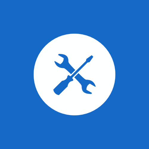 White circle with blue crossed wrench and screwdriver icon on blue background, representing tools or settings.
