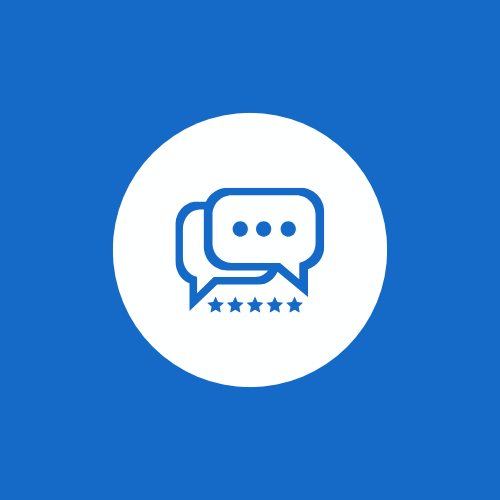Icon of two overlapping speech bubbles with five stars below inside a white circle on a blue background.