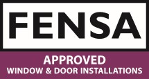 FENSA Approved Window & Door Installations logo with black and white text on purple background.
