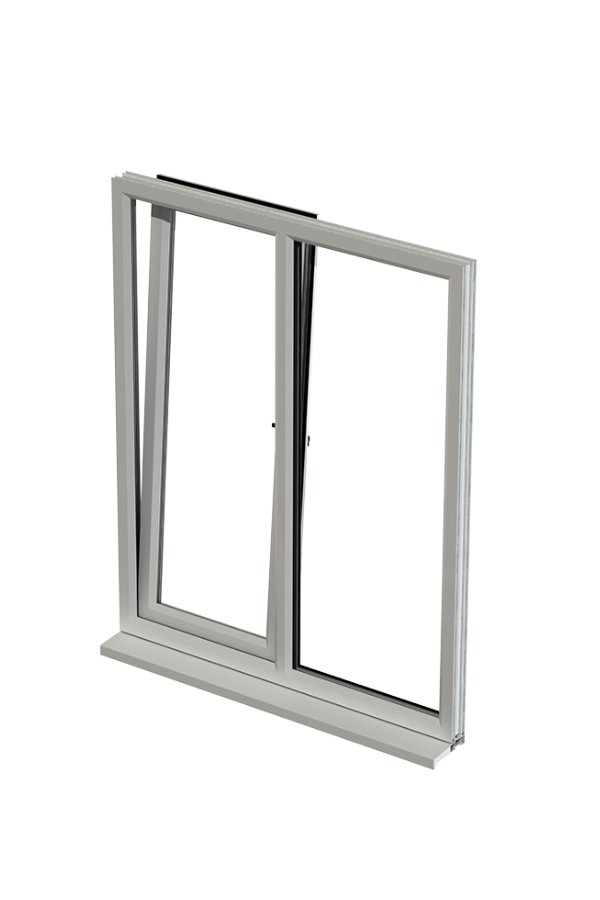 Three-dimensional rendering of a tilt and turn window with one side tilted open inward and the other side closed.