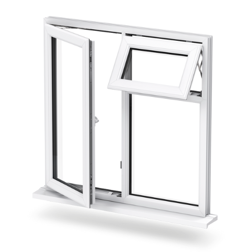 White double casement window with one side fully open and a smaller top vent window tilted open.
