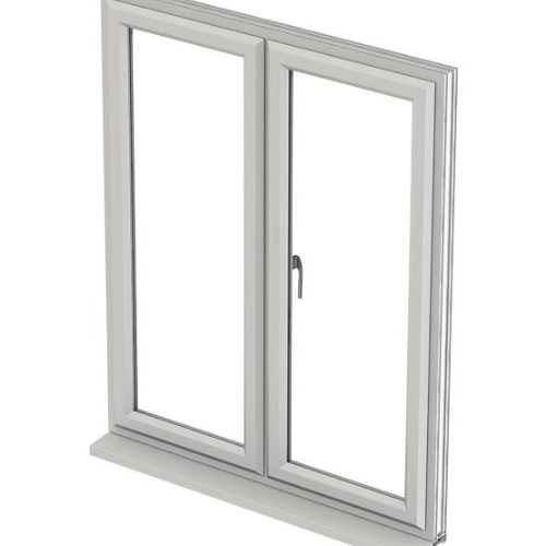 White double French window with one panel slightly open and a handle on the right panel.