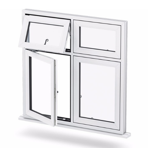 White four-panel window with upper left panel tilted open and lower left panel swung open inward.