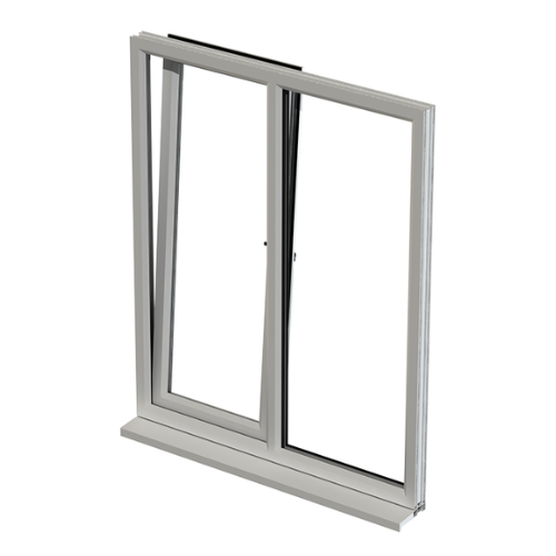 Gray tilt and turn window with one panel tilted inward and the other panel closed.