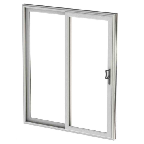 White sliding glass patio door with handle on the right panel.