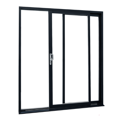 Black aluminum sliding glass door with two panels, one fixed and one movable with a handle.