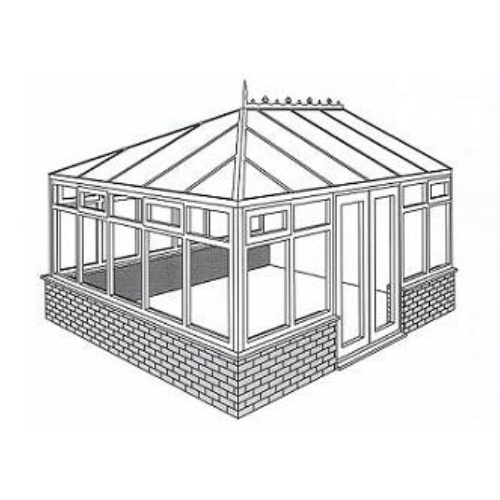 Black and white line drawing of a conservatory with brick base, glass walls, and a pitched roof with decorative ridge.