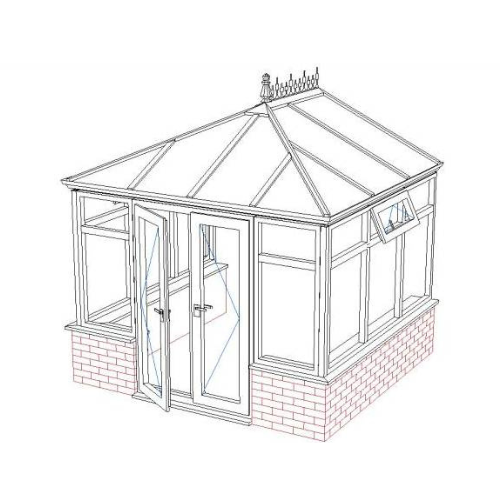 Line drawing of a small conservatory with double doors, a pitched glass roof, and brick base.