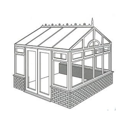 Line drawing of a gable-end conservatory with glass walls and a pitched roof, set on a brick base.