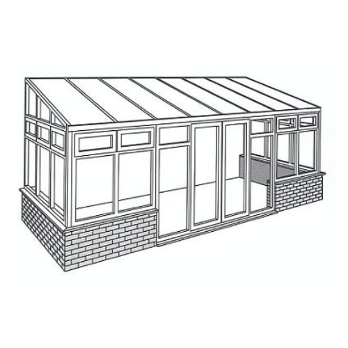Black and white line drawing of a rectangular lean-to conservatory with glass panels and a brick base.