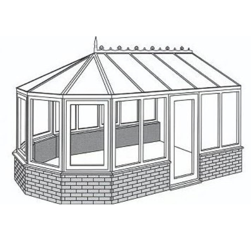 Black and white line drawing of a Victorian conservatory with glass roof and brick base.