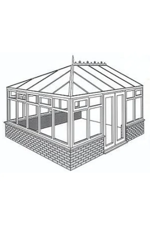 Black and white line drawing of an Edwardian conservatory with glass windows and a brick base.