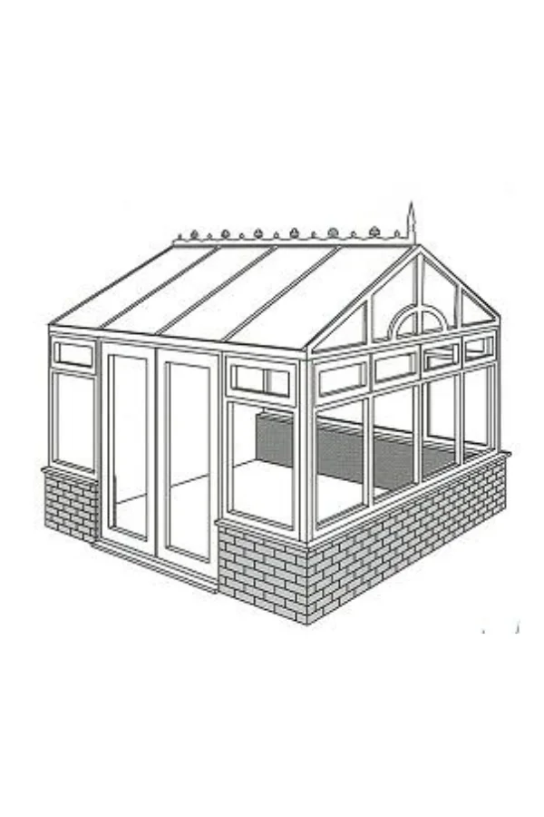 Black and white line drawing of a conservatory with glass panels and a brick base.