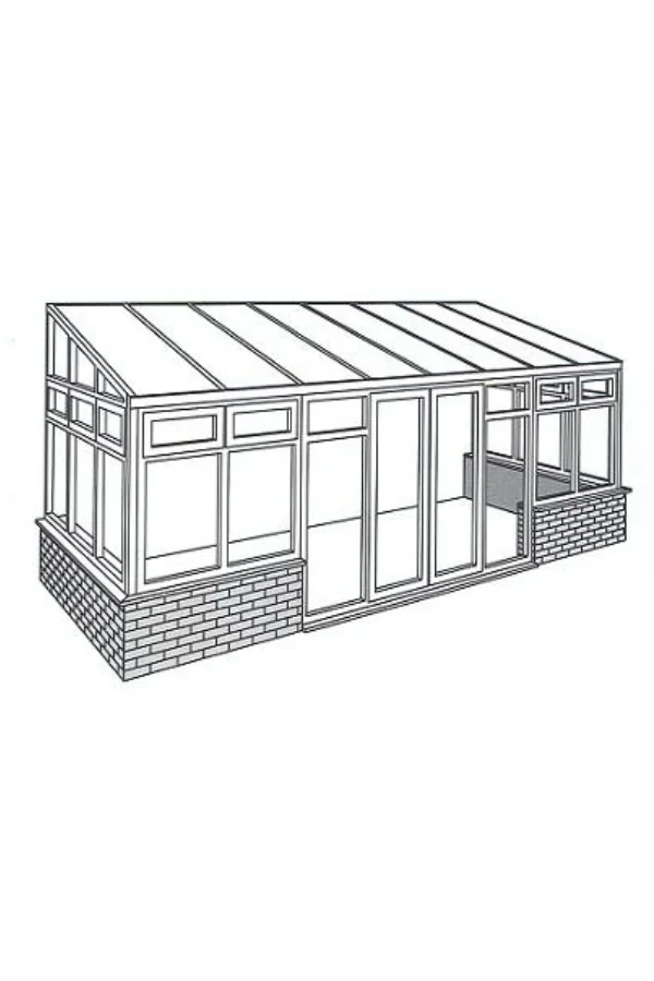 Line drawing of a glass lean-to structure with a sloped roof and brick lower walls.