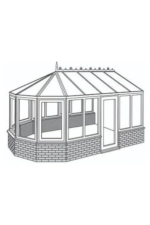 Black and white line drawing of a Victorian-style conservatory with large windows and a brick base.