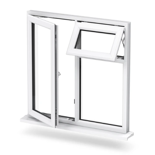 White casement window frame with one larger side open outward and a smaller top section tilted open.
