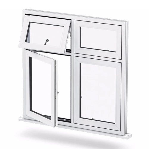 White four-pane flush sash window frame with two panes open, isolated on white background.