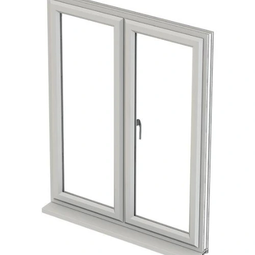 White double-pane French window frame with a central handle on the right panel.