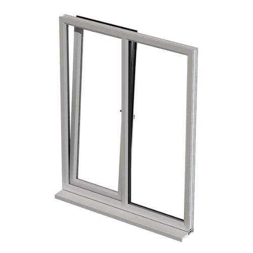 Gray tilt and turn window frame with one pane tilted open and one pane closed.