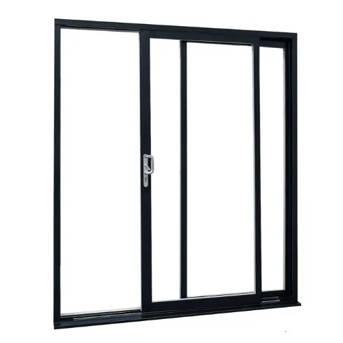 Black aluminum sliding patio door with two fixed panels and one sliding panel featuring a handle and lock.