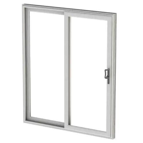 White-framed sliding patio door with one fixed panel and one sliding panel featuring a handle.