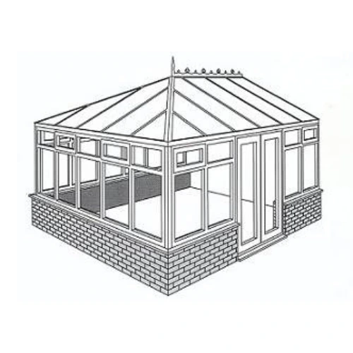 Line drawing of an Edwardian conservatory with a brick base, glass walls, a pitched glass roof, and double doors.