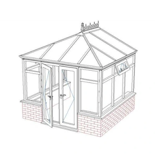 3D line drawing of an Edwardian conservatory with glass roof, double doors, side windows, and brick base.