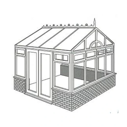Black and white line drawing of a gable end conservatory with glass panels and a brick base.