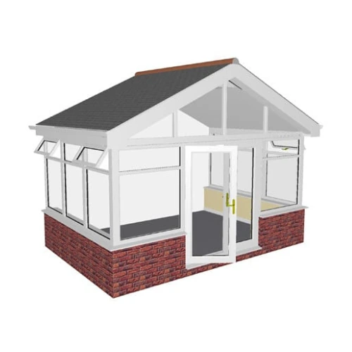 3D rendering of a gable end conservatory with white frames, brick base, and glass door.