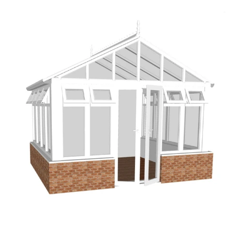 3D rendering of a white-framed gable-end conservatory with brick lower walls and glass windows, featuring an open door.