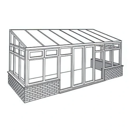 Black and white line drawing of a lean-to conservatory with a glass roof and brick base.