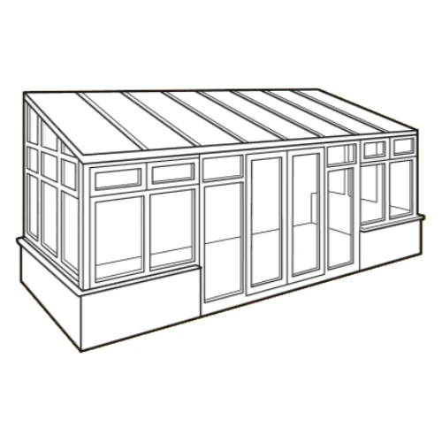 Black and white line drawing of a lean-to conservatory with multiple windows and glass doors on a raised base.