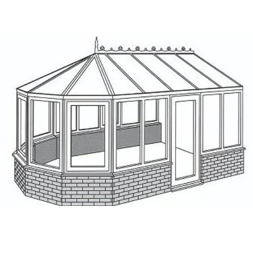 Line drawing of a Victorian-style conservatory with glass roof and brick base.