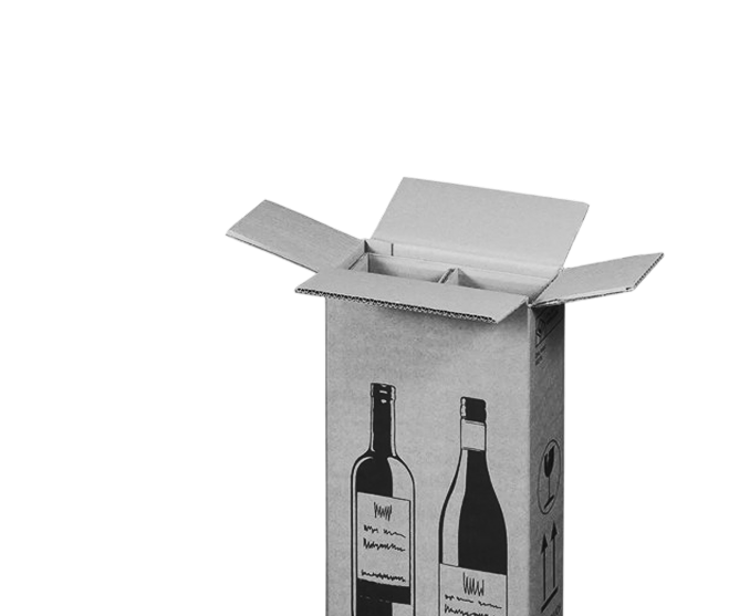 A box of wine with a bottle of wine and a bottle of wine in it.